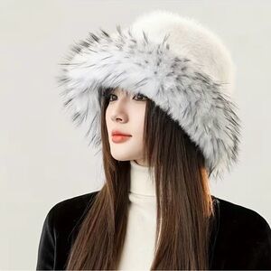 Elegant White and Gray Faux Fur Hat